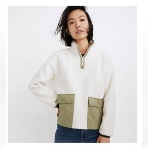 Madewell Fleece Quilted-Pocket Popover Jacket Sherpa White Green Large